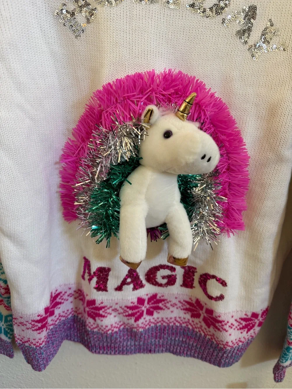 “Ugly” Christmas holiday magic unicorn sweater